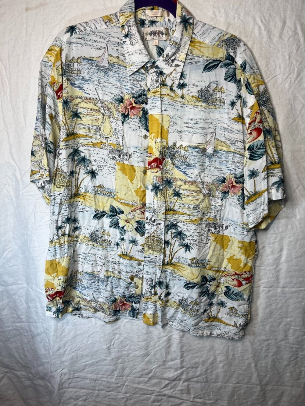 Vintage Palm Tree Hawaiian Shirt XL Tropical Isle Beach Mixed Drinks Sailboat